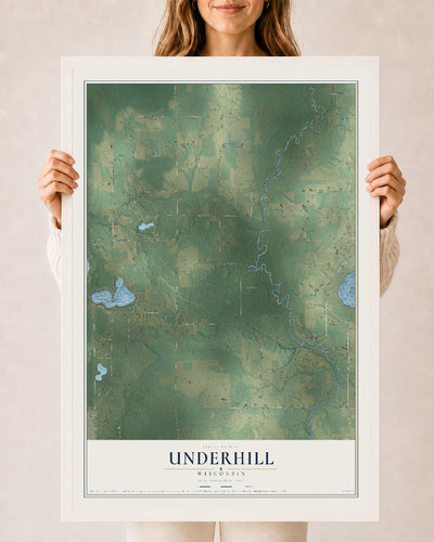 Map of Underhill, Wisconsin, 24 x 36 inch print in a white wood frame