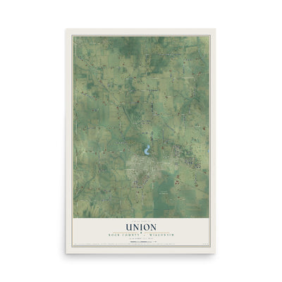 Map of Union, Rock County, Wisconsin, 12 x 18 inch unframed archival matte print
