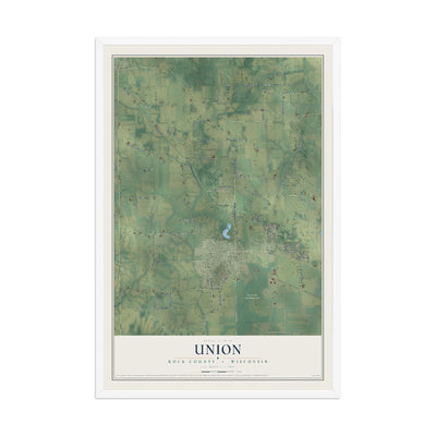 Map of Union, Rock County, Wisconsin, 12 x 18 inch print in a white wood frame