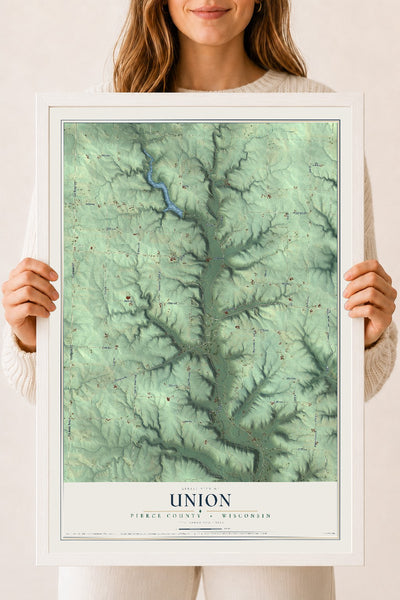 Map of Union, Pierce County, Wisconsin, 18 x 24 inch print in a white wood frame