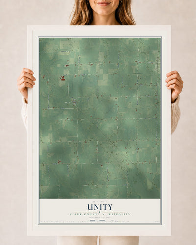Map of Unity, Clark County, Wisconsin, 24 x 36 inch print in a white wood frame