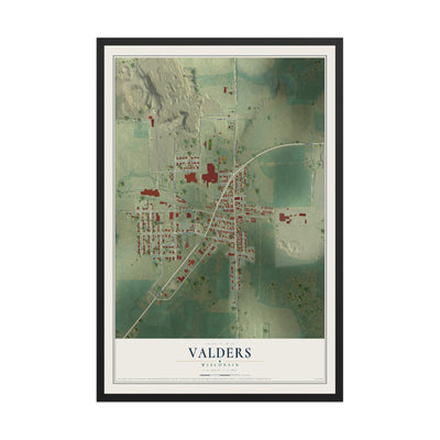 Map of Valders, Wisconsin, 12 x 18 inch print in a black wood frame