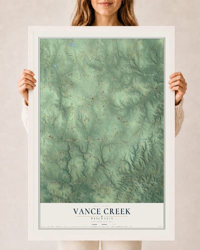 Map of Vance Creek, Wisconsin, 24 x 36 inch print in a white wood frame