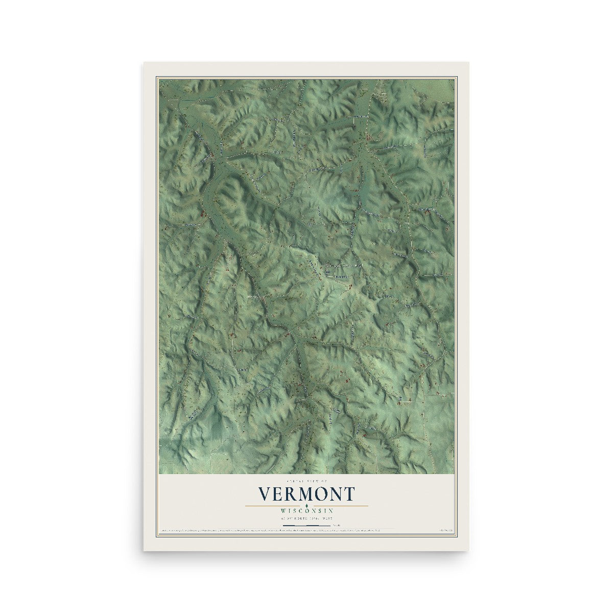 Map of Vermont, Wisconsin, 12 x 18 inch unframed archival matte print