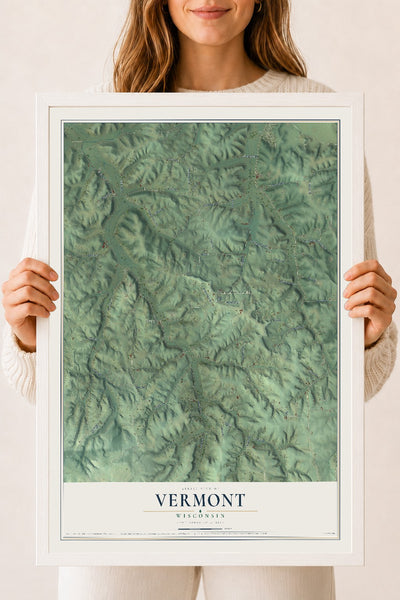 Map of Vermont, Wisconsin, 18 x 24 inch print in a white wood frame