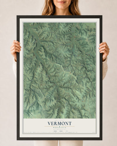 Map of Vermont, Wisconsin, 24 x 36 inch print in a black wood frame