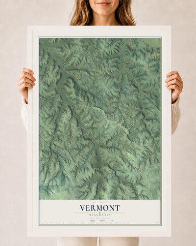Map of Vermont, Wisconsin, 24 x 36 inch print in a white wood frame