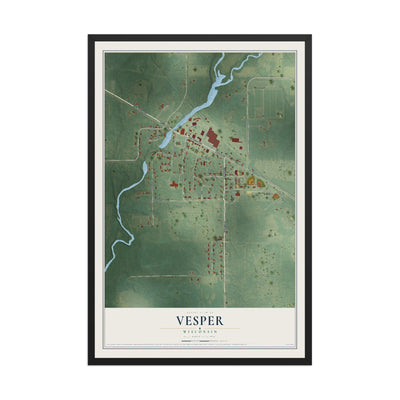 Map of Vesper, Wisconsin, 12 x 18 inch print in a black wood frame
