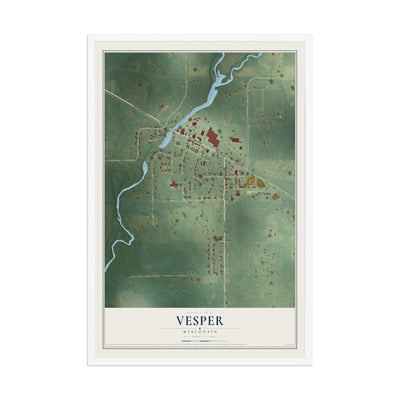 Map of Vesper, Wisconsin, 12 x 18 inch print in a white wood frame