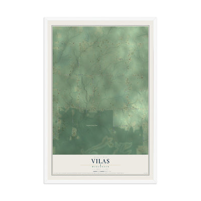Map of Vilas, Wisconsin, 12 x 18 inch print in a white wood frame