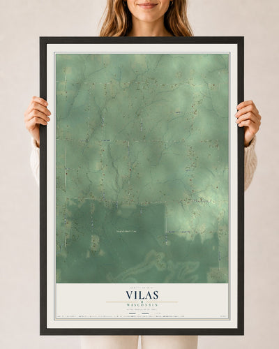 Map of Vilas, Wisconsin, 24 x 36 inch print in a black wood frame