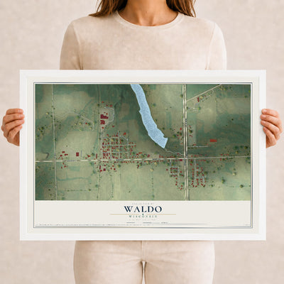 Map of Waldo, Wisconsin, 12 x 18 inch print in a white wood frame