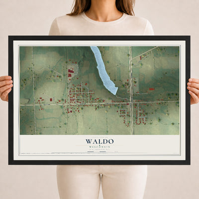 Map of Waldo, Wisconsin, 18 x 24 inch print in a black wood frame