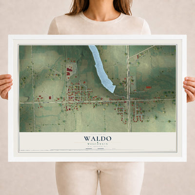 Map of Waldo, Wisconsin, 18 x 24 inch print in a white wood frame