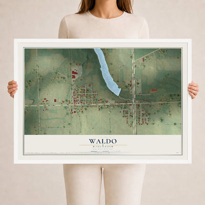 Map of Waldo, Wisconsin, 24 x 36 inch print in a white wood frame