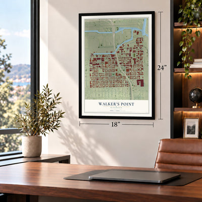 Walker's Point, Wisconsin map, 18 x 24 inch print in a black frame in a home office