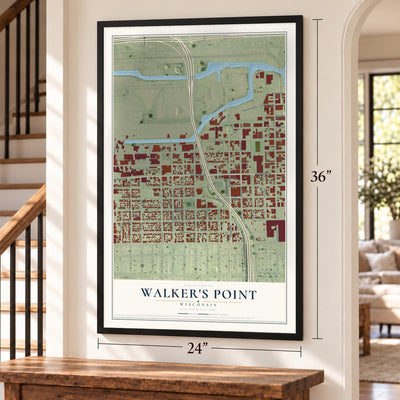 Walker's Point, Wisconsin map, 24 x 36 inch print in a black frame by a staircase