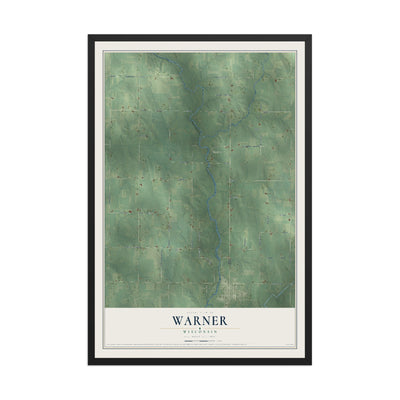 Map of Warner, Wisconsin, 12 x 18 inch print in a black wood frame
