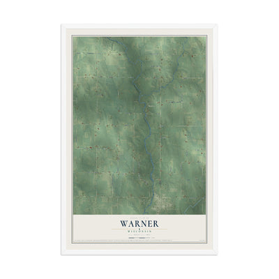 Map of Warner, Wisconsin, 12 x 18 inch print in a white wood frame