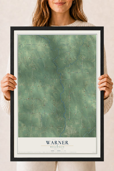 Map of Warner, Wisconsin, 18 x 24 inch print in a black wood frame