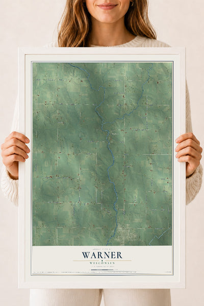 Map of Warner, Wisconsin, 18 x 24 inch print in a white wood frame
