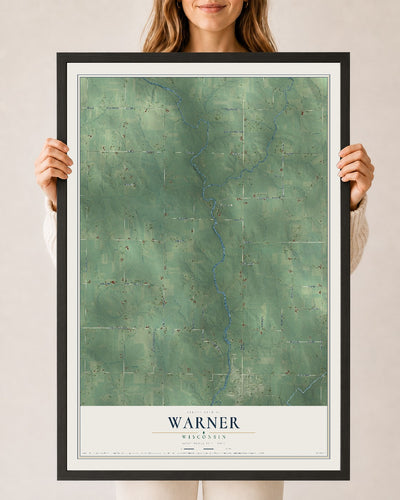 Map of Warner, Wisconsin, 24 x 36 inch print in a black wood frame