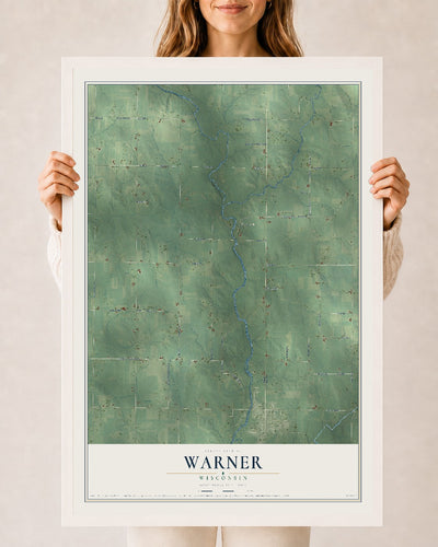 Map of Warner, Wisconsin, 24 x 36 inch print in a white wood frame
