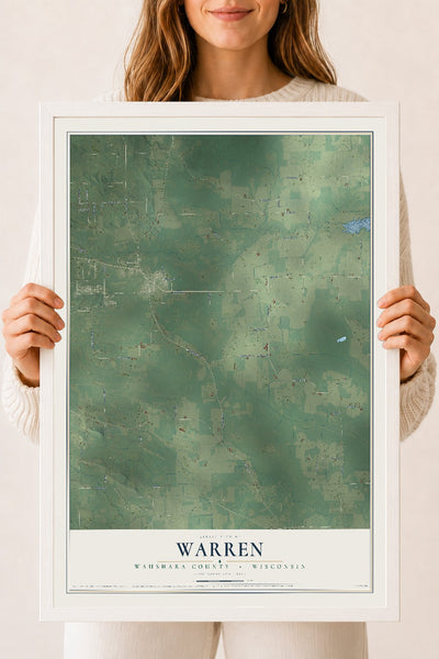 Map of Warren, Waushara County, Wisconsin, 18 x 24 inch print in a white wood frame
