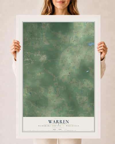 Map of Warren, Waushara County, Wisconsin, 24 x 36 inch print in a white wood frame