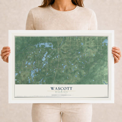 Map of Wascott, Wisconsin, 12 x 18 inch print in a white wood frame