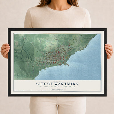 Map of Washburn, Wisconsin, 12 x 18 inch print in a black wood frame
