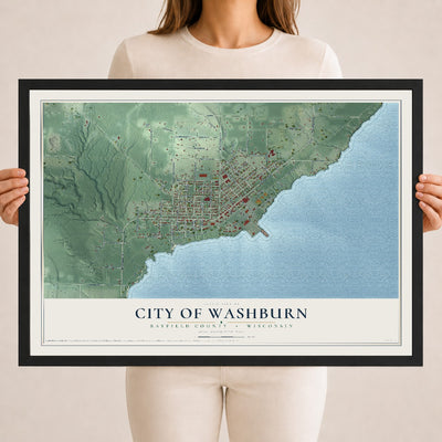 Map of Washburn, Wisconsin, 18 x 24 inch print in a black wood frame