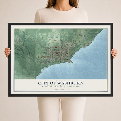 Map of Washburn, Wisconsin, 24 x 36 inch print in a black wood frame