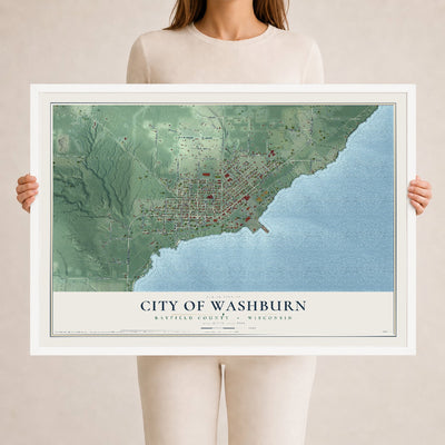 Map of Washburn, Wisconsin, 24 x 36 inch print in a white wood frame
