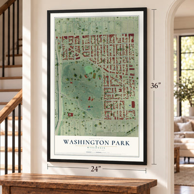 Washington Park, Wisconsin map, 24 x 36 inch print in a black frame by a staircase