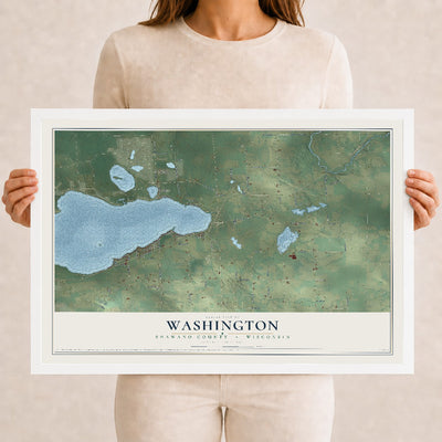 Map of Washington, Shawano County, Wisconsin, 12 x 18 inch print in a white wood frame