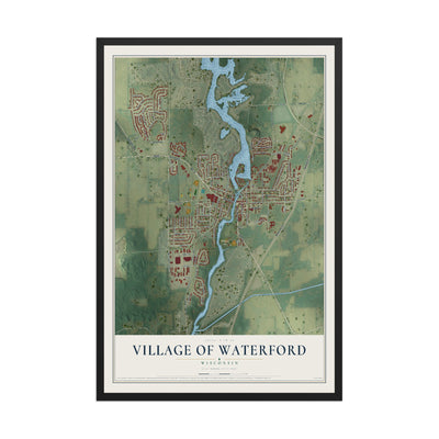 Map of Waterford, Wisconsin, 12 x 18 inch print in a black wood frame