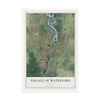 Map of Waterford, Wisconsin, 12 x 18 inch print in a white wood frame