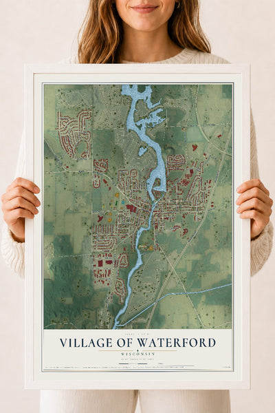Map of Waterford, Wisconsin, 18 x 24 inch print in a white wood frame
