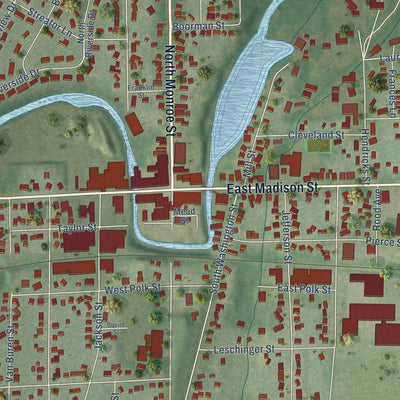Close-up of the map of Waterloo, Wisconsin print showing street and building detail