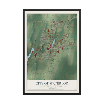 Map of Waterloo, Wisconsin, 12 x 18 inch print in a black wood frame
