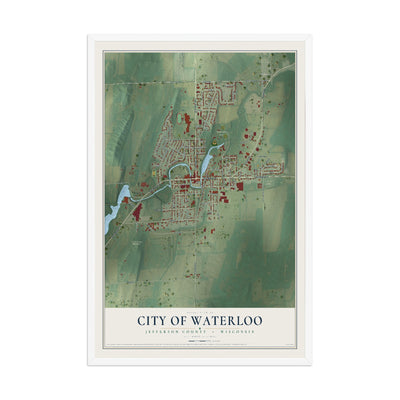 Map of Waterloo, Wisconsin, 12 x 18 inch print in a white wood frame