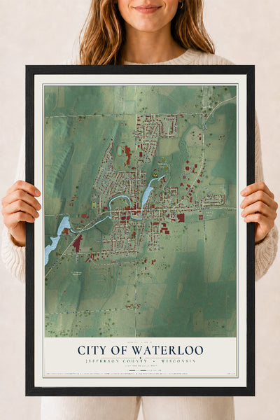 Map of Waterloo, Wisconsin, 18 x 24 inch print in a black wood frame