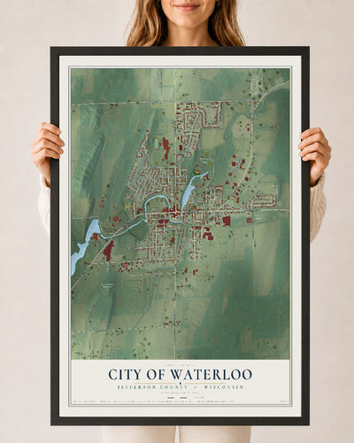 Map of Waterloo, Wisconsin, 24 x 36 inch print in a black wood frame