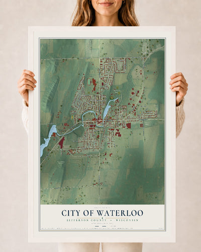 Map of Waterloo, Wisconsin, 24 x 36 inch print in a white wood frame