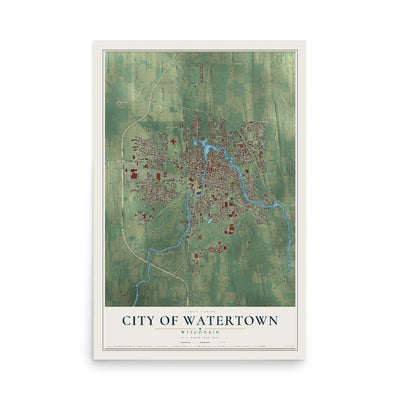 Map of Watertown, Wisconsin, 12 x 18 inch unframed archival matte print