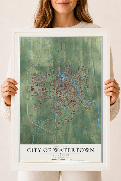 Map of Watertown, Wisconsin, 18 x 24 inch print in a white wood frame