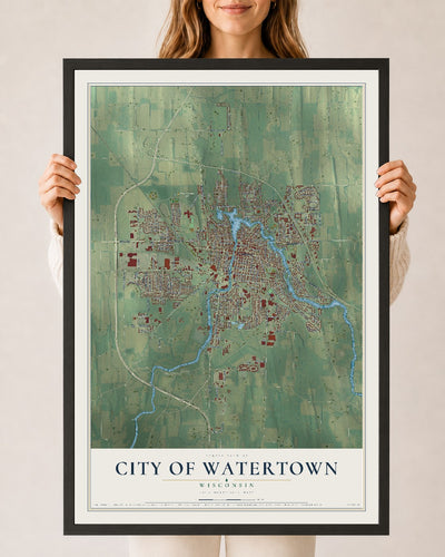 Map of Watertown, Wisconsin, 24 x 36 inch print in a black wood frame