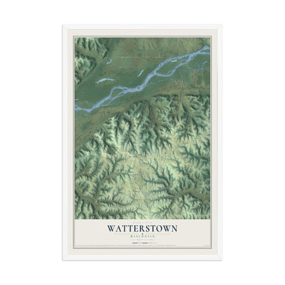 Map of Watterstown, Wisconsin, 12 x 18 inch print in a white wood frame