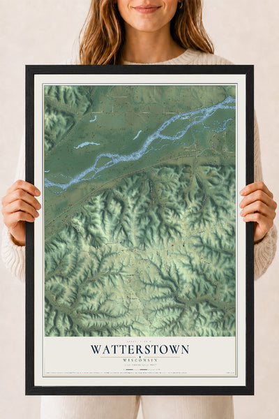Map of Watterstown, Wisconsin, 18 x 24 inch print in a black wood frame
